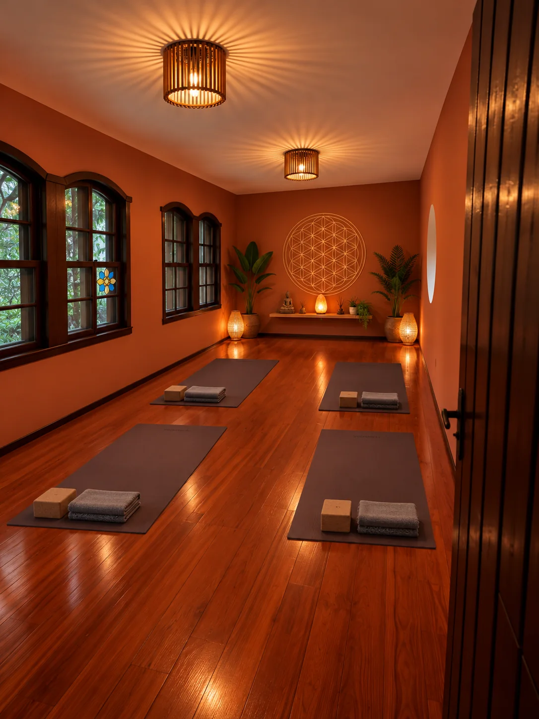 Sala de Yoga com piso de madeira, tapetes, blocos e luz suave